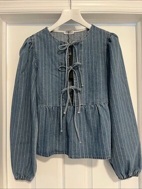 Blue Pinstripe Tie-Front Peplum Top